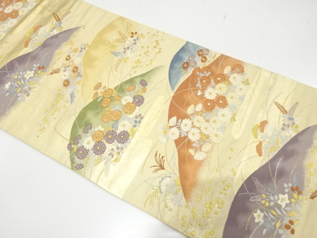 JAPANESE KIMONO / ANTIQUE FUKURO OBI / SILK / WOVEN MOUNTAINS & KIKU & AUTUMN PLANTS